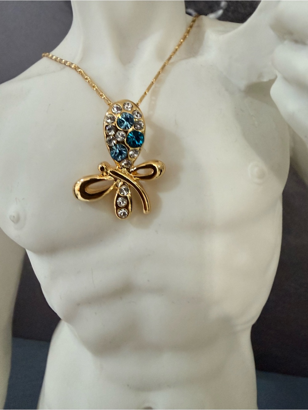 Camilla Gold Dragonfly Necklace with Blue and Clear Stones